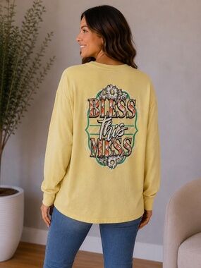 Benny & Belle Women's Yellow "Bless This Mess" Long Sleeve Shirt, size XL